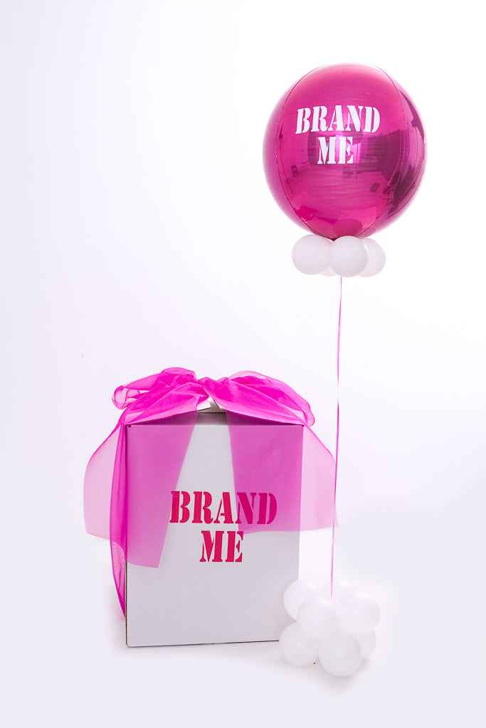Balloon in a box, Branded balloon, business branding, event styling, balloon HQ, brand ideas